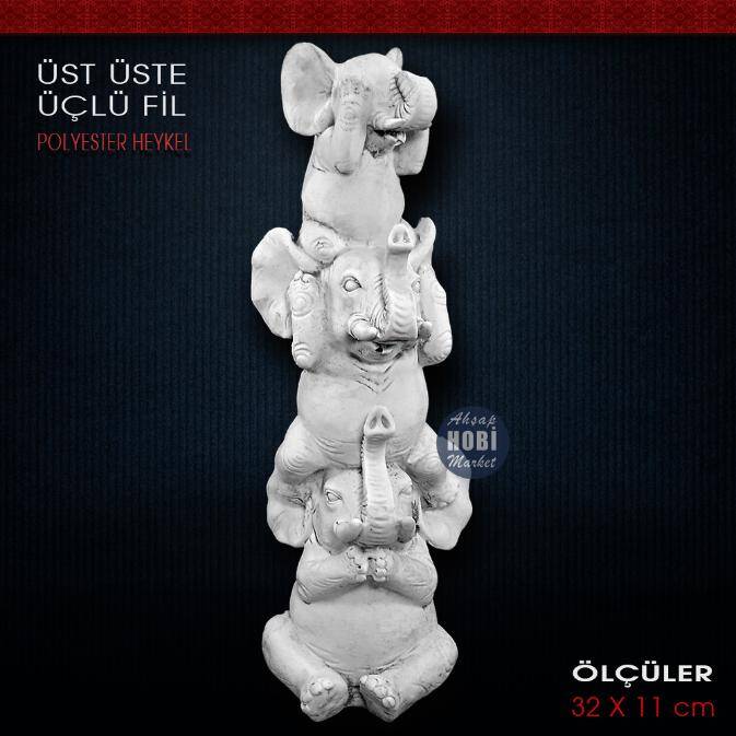 Üst Üste 3'lü Fil Biblo (32x11 cm) Ham Polyester - 1