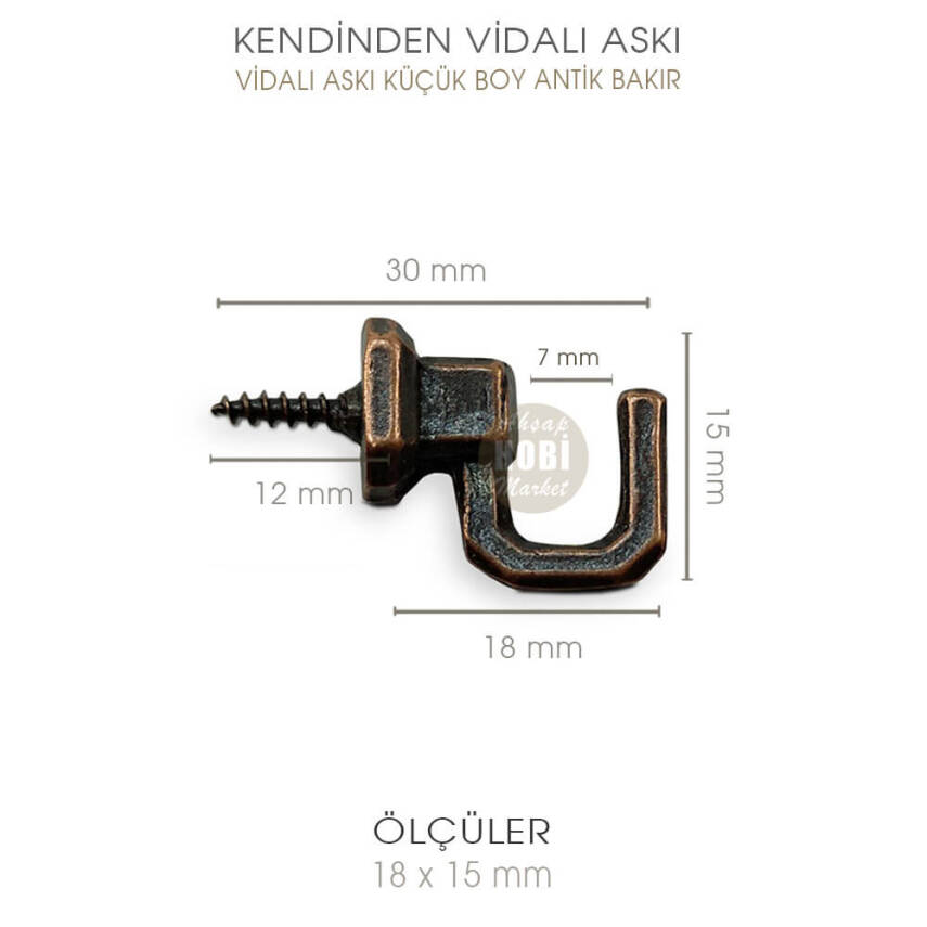 Vidalı Askı Küçük Boy (18x15 mm) Antik Oksit - 2