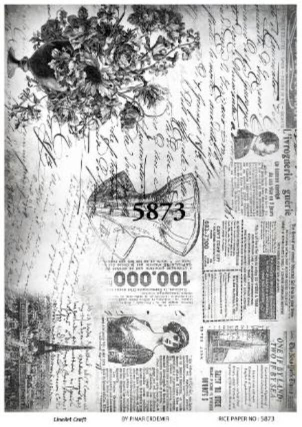 Vintage Çiçek ve Yazı Desenli Pirinç Dekopaj - Model : 5873 - 1