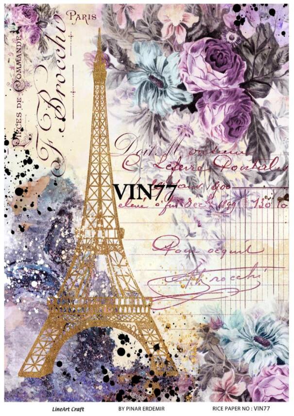 Vintage Eyfel Kulesi ve Çiçek Desenli Pirinç Dekopaj Model : VIN77 - 1