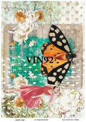 Vintage Kelebek Çiçek ve Kadın Desenli Pirinç Dekopaj Model : VIN92 - Line Art