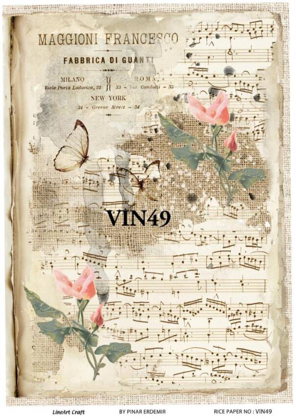 Vintage Kelebek Çiçek ve Nota Desenli Pirinç Dekopaj Model : VIN49 - 1