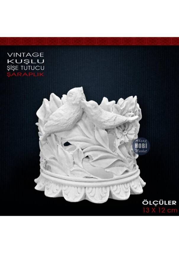 Vintage Kuşlu Şaraplık Şişe Tutucu (13x12 cm) Ham Polyester - 1