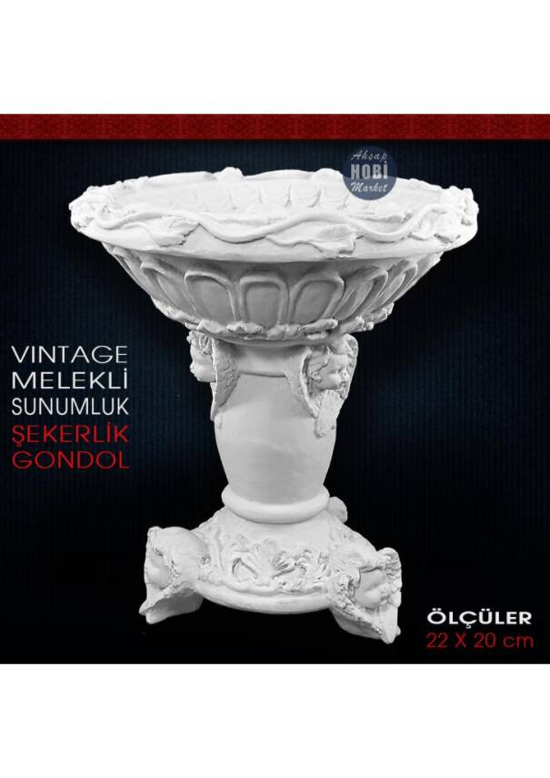 Vintage Melekli Sunumluk Gondol Şekerlik (22x20 cm) Ham Polyester - 1