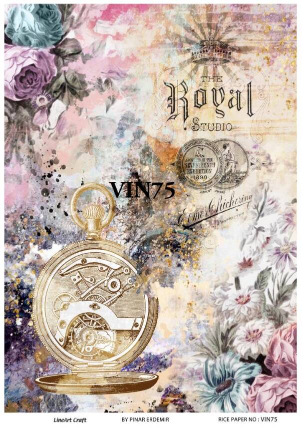 Vintage Saat ve Çiçek Desenli Pirinç Dekopaj Model : VIN75 - 1