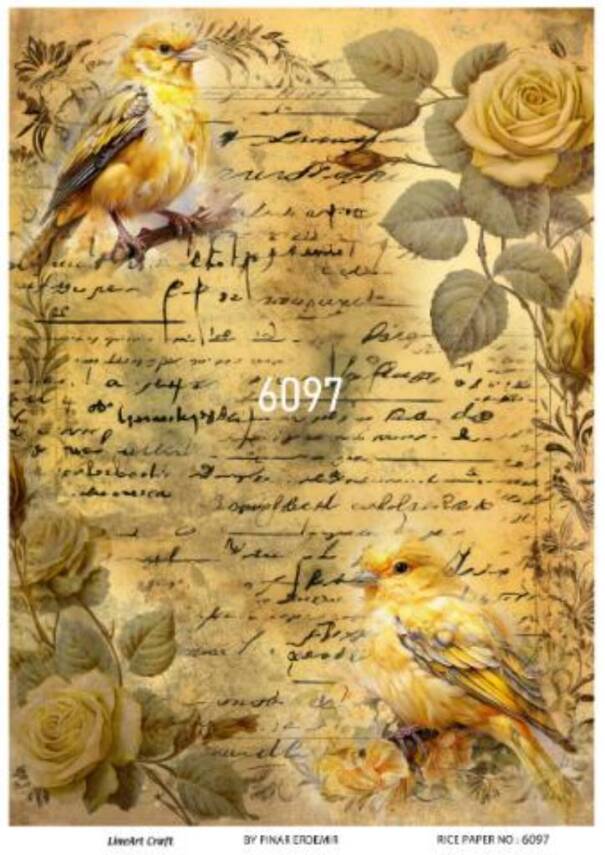 Vintage Yazı Kuş ve Çiçek Desenli Pirinç Dekopaj Model : 6097 - 1