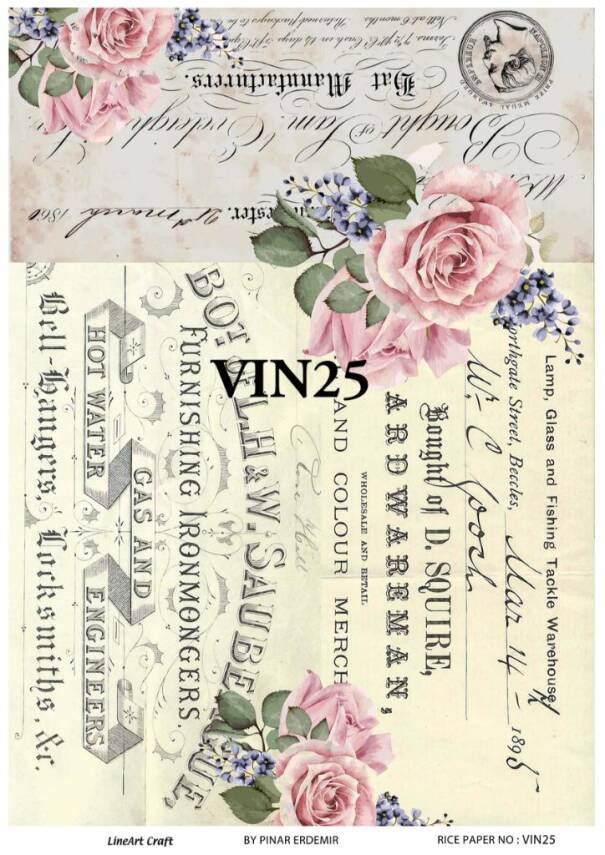 Vintage Yazı ve Çiçek Desenli Pirinç Dekopaj Model : VIN25 - 1