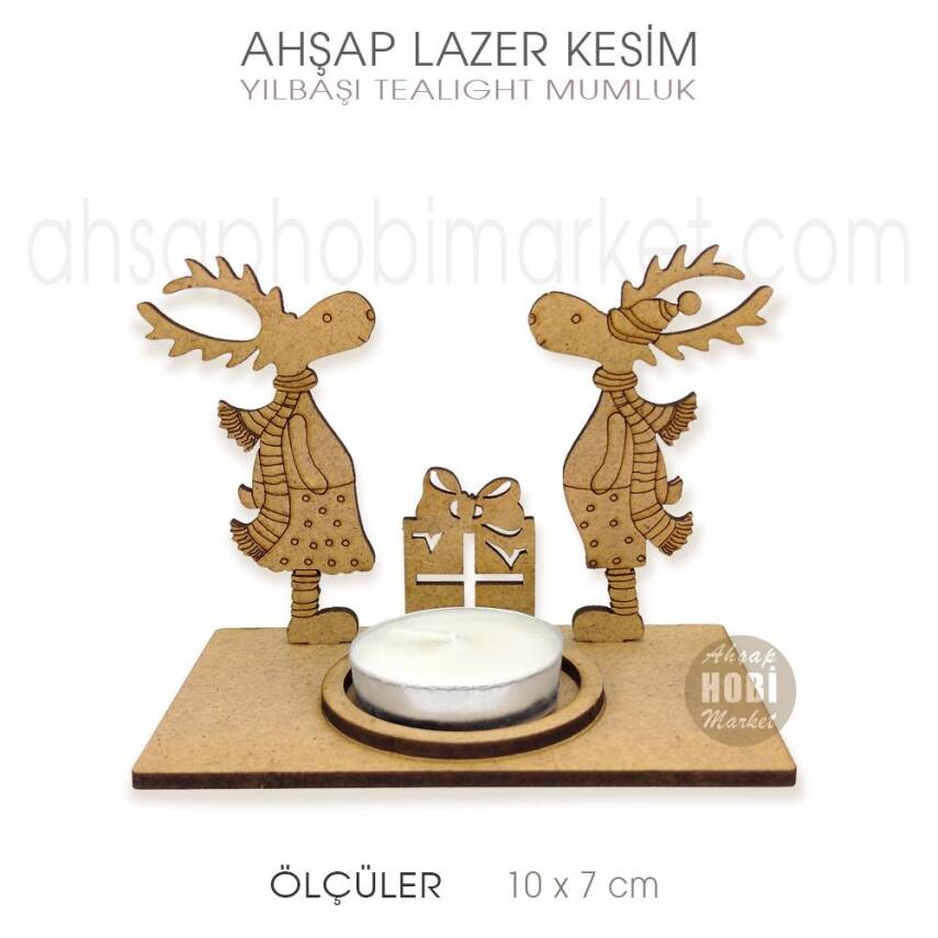 Yılbaşı Geyikli Tealight Mumluk (10x7 cm) Ahşap Lazer Kesim - 2