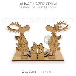 Yılbaşı Geyikli Tealight Mumluk (10x7 cm) Ahşap Lazer Kesim - Tual Hobi Craft İst