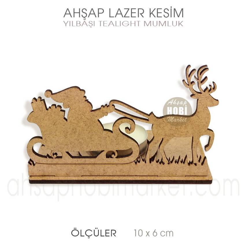 Yılbaşı Kızaklı Tealight Mumluk (10x6 cm) Ahşap Lazer Kesim - 1
