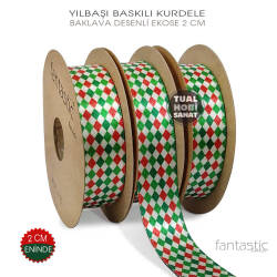 Yılbaşı Kurdele Baklava Desenli Ekose Baskılı (En 2 cm) 1 Metre - Tual Hobi Sanat