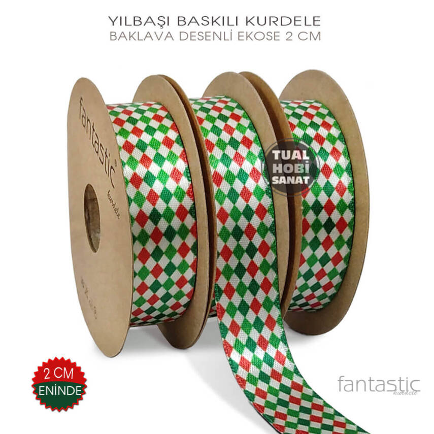 Yılbaşı Kurdele Baklava Desenli Ekose Baskılı (En 2 cm) 1 Metre - 1