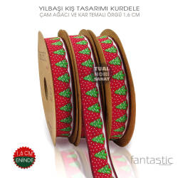 Yılbaşı Kurdele Çam Ağacı ve Kar Detaylı Örgü (Genişlik 1,6 cm) 1 Metre - Tual Hobi Sanat