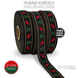 Yılbaşı Kurdele Geyik Çam Ağaçlı Desenli (En 2 cm) 1 Metre - Tual Hobi Sanat