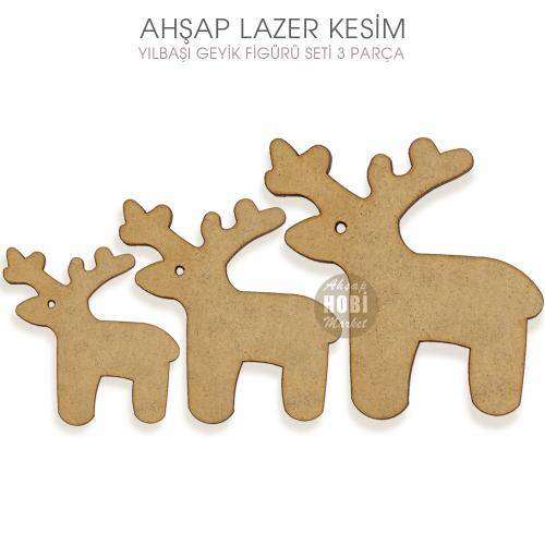 Yılbaşı Ren Geyikleri Figürlü Süsler (3 Parça) Ahşap Lazer Kesim - 1