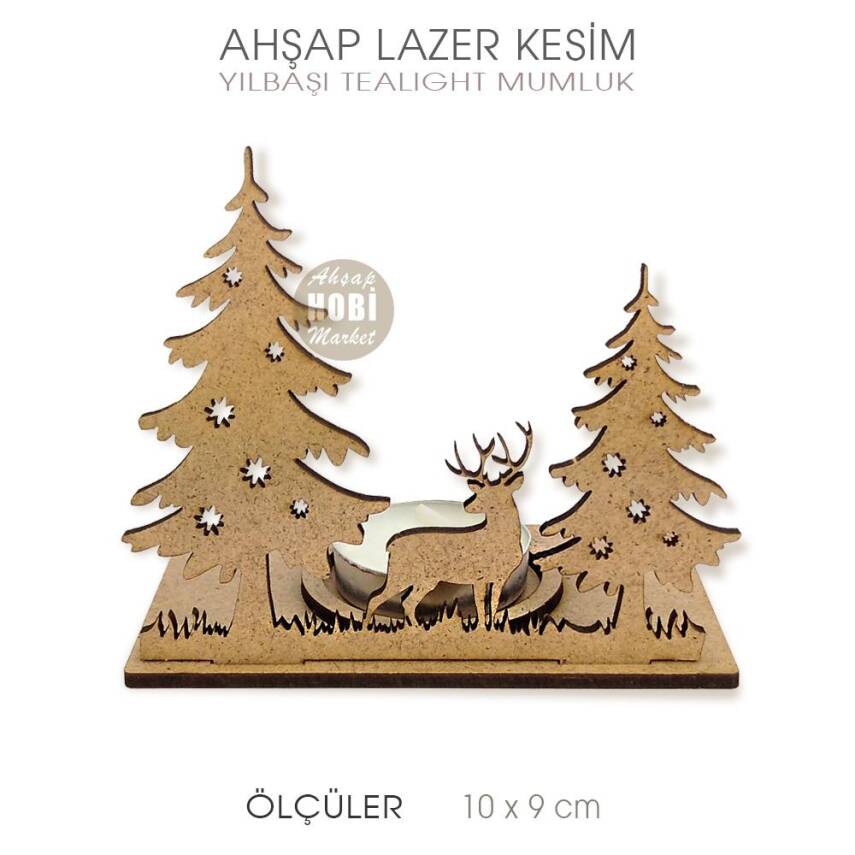 Yılbaşı Tealight Mumluk (10x9 cm) Ahşap Lazer Kesim - 1