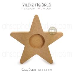 Yıldız Figürlü Tealight Mumluk (13x13 cm) Ham Ahşap - Tual Hobi Craft İst