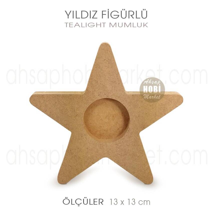 Yıldız Figürlü Tealight Mumluk (13x13 cm) Ham Ahşap - 1