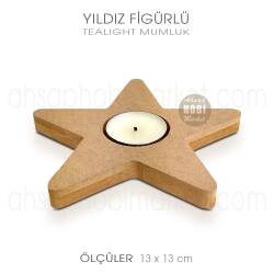 Yıldız Figürlü Tealight Mumluk (13x13 cm) Ham Ahşap - Tual Hobi Craft İst (1)