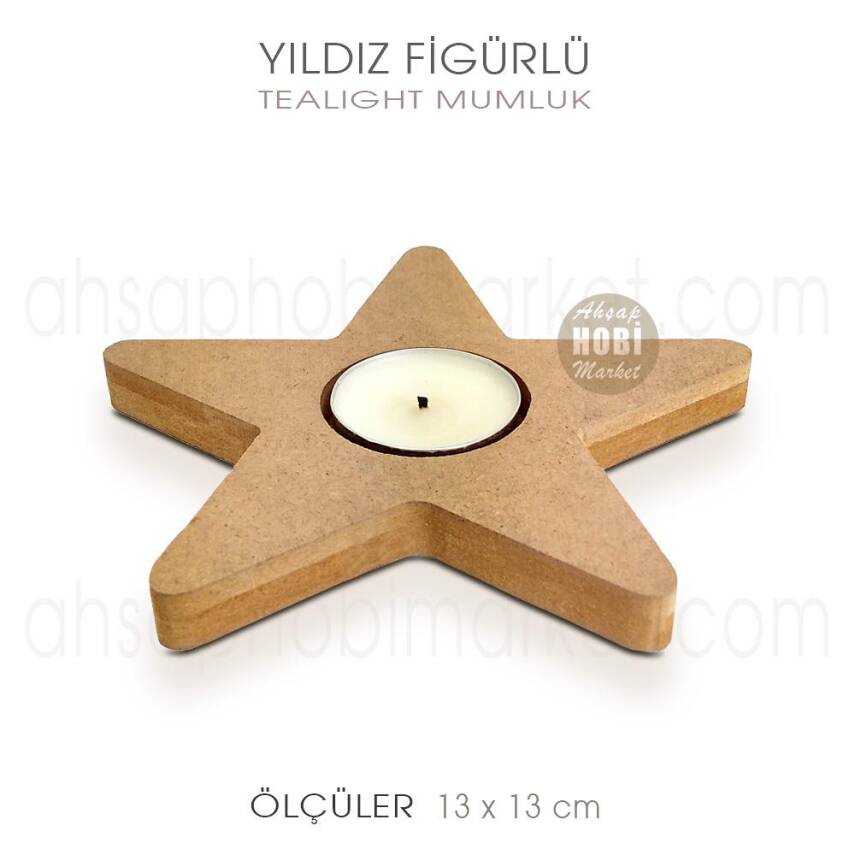 Yıldız Figürlü Tealight Mumluk (13x13 cm) Ham Ahşap - 2