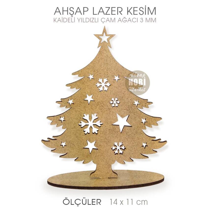 Yıldızlı Çam Ağacı Yılbaşı Süsü (14x11 cm) Ahşap Lazer Kesim - 1
