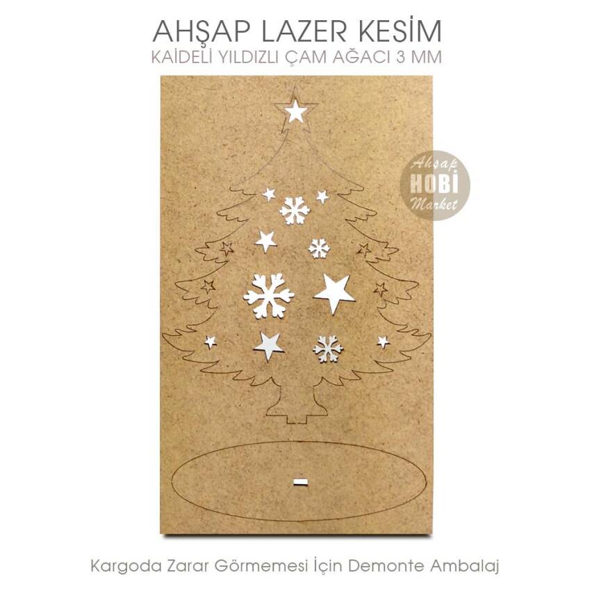 Yıldızlı Çam Ağacı Yılbaşı Süsü (14x11 cm) Ahşap Lazer Kesim - 2
