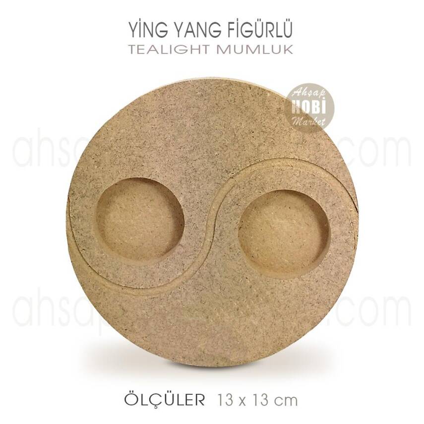 Ying Yang Figürlü Tealight Mumluk (13x13 cm) Ham Ahşap - 2