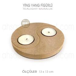 Ying Yang Figürlü Tealight Mumluk (13x13 cm) Ham Ahşap - Tual Hobi Craft İst