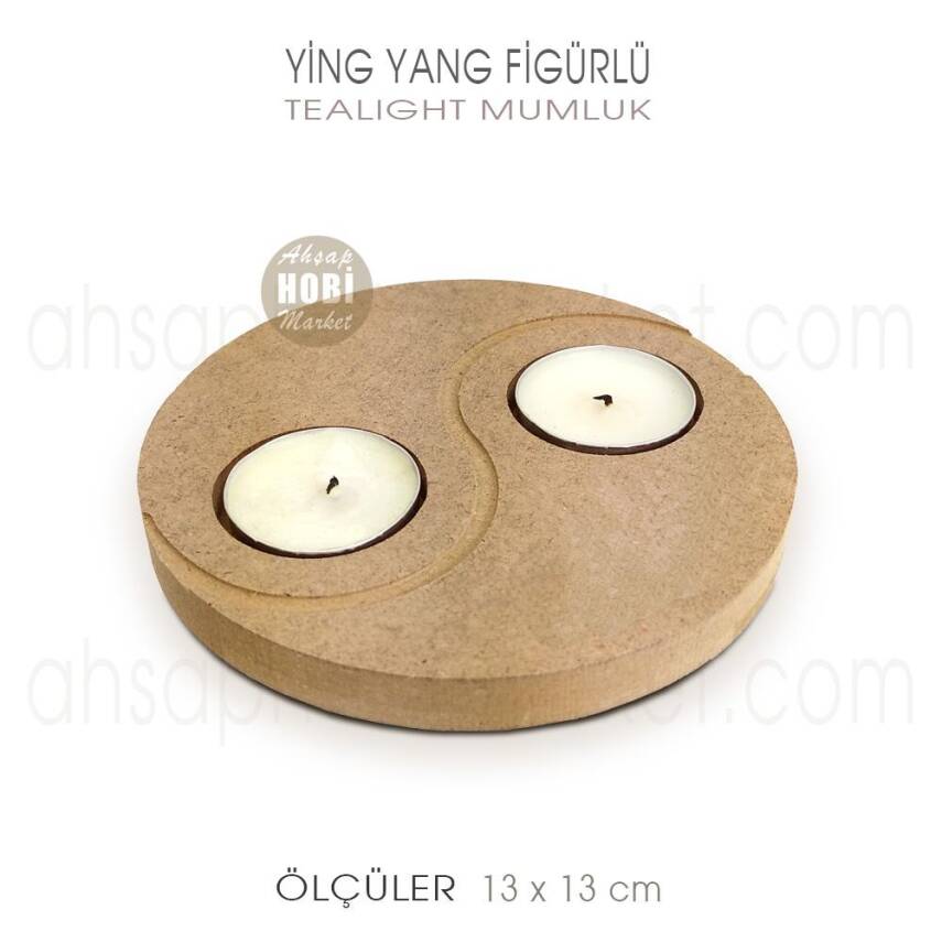 Ying Yang Figürlü Tealight Mumluk (13x13 cm) Ham Ahşap - 1