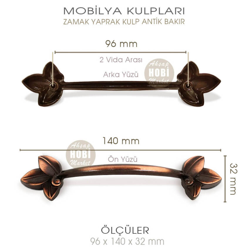 Zamak Yaprak Kulp Antik Eskitme (96x140x32 mm) - 3