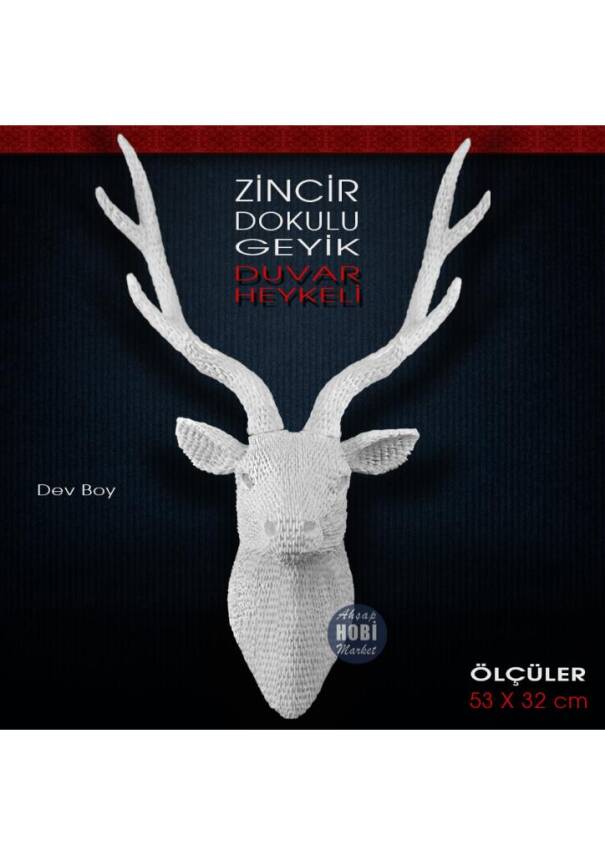 Zincir Dokulu Geyik Duvar Heykeli Dev Boy (53x32 cm) Ham Polyester - 1